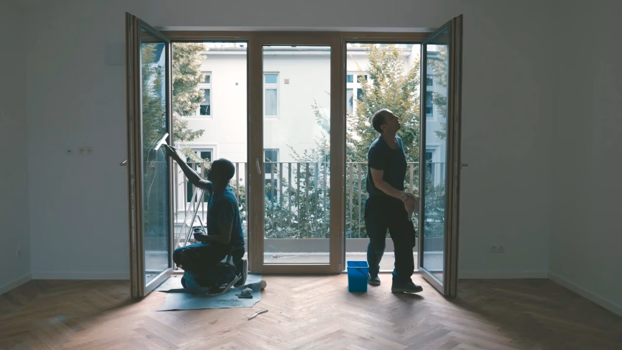 Zwei Mitarbeiter von Acici reinigen die Balkontür einer leeren Wohnung